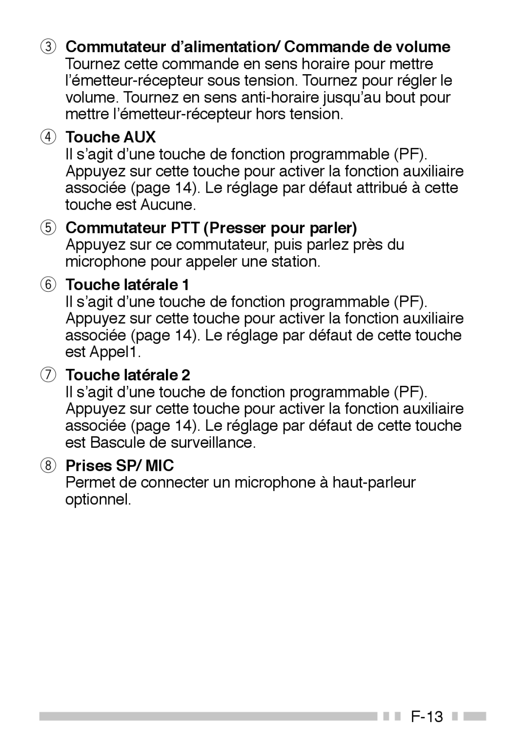 Kenwood TK-3160 instruction manual Touche AUX, Prises SP/ MIC, Permet de connecter un microphone à haut-parleur optionnel 