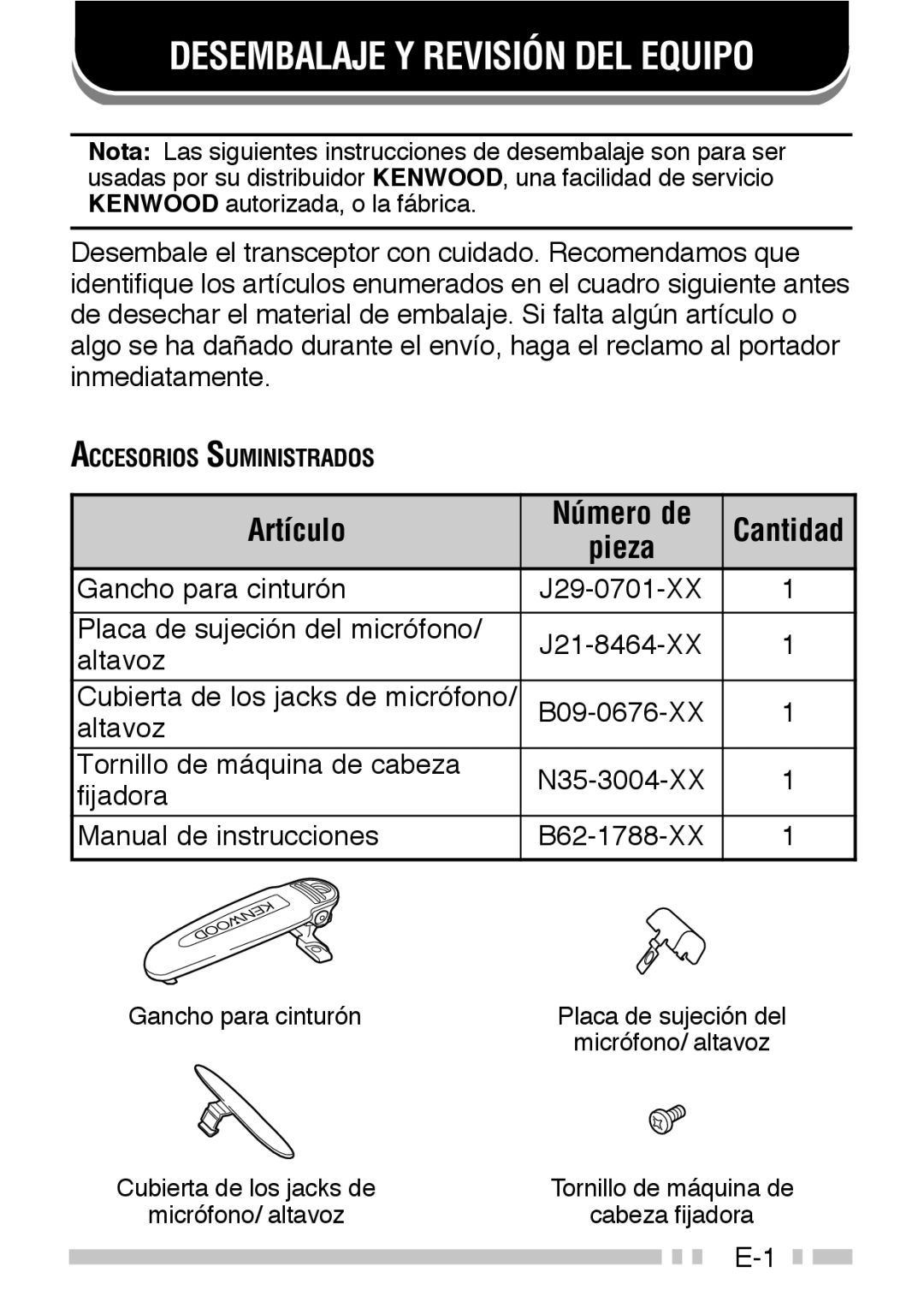 Kenwood TK-3160 instruction manual Desembalaje Y Revisión DEL Equipo, Artículo Número de, Cantidad, Pieza 