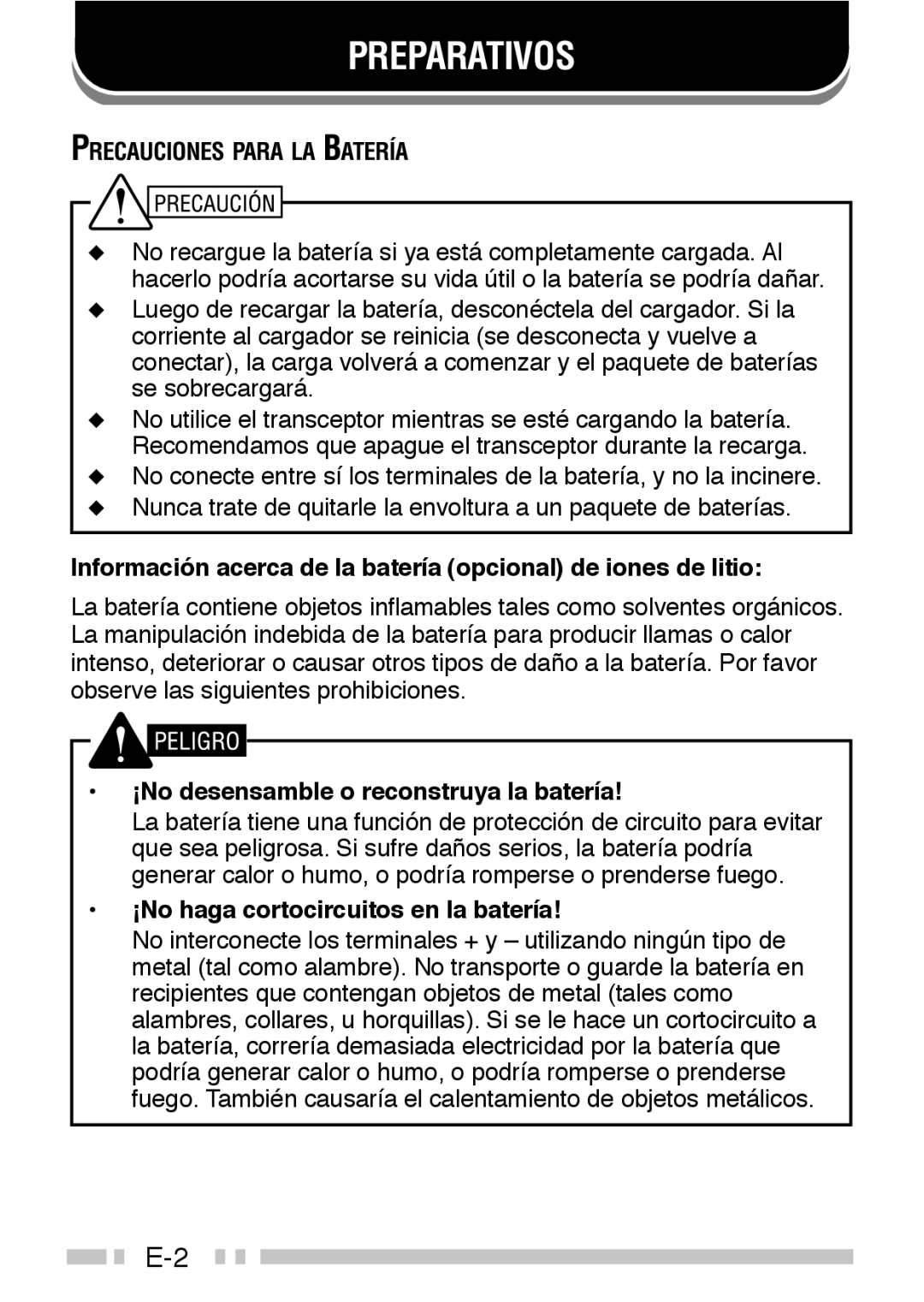 Kenwood TK-3160 instruction manual Preparativos, Información acerca de la batería opcional de iones de litio 