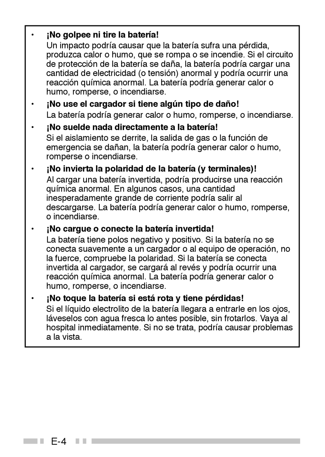 Kenwood TK-3160 instruction manual ¡No golpee ni tire la batería, ¡No use el cargador si tiene algún tipo de daño 