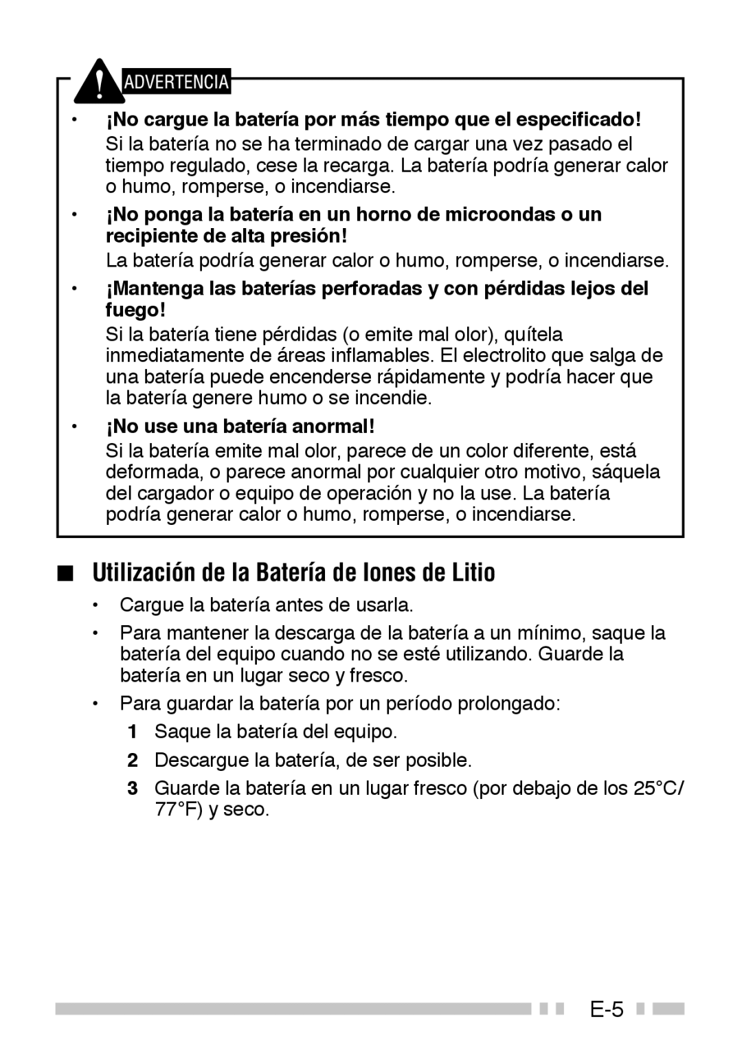 Kenwood TK-3160 Utilización de la Batería de Iones de Litio, ¡No cargue la batería por más tiempo que el especificado 