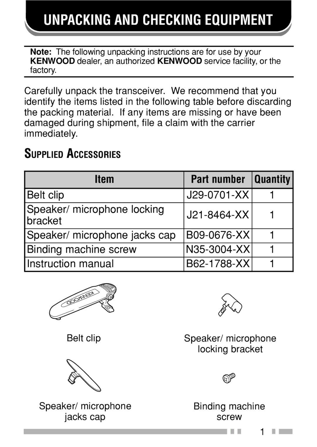 Kenwood TK-3160 instruction manual Part number Quantity, Belt clip 