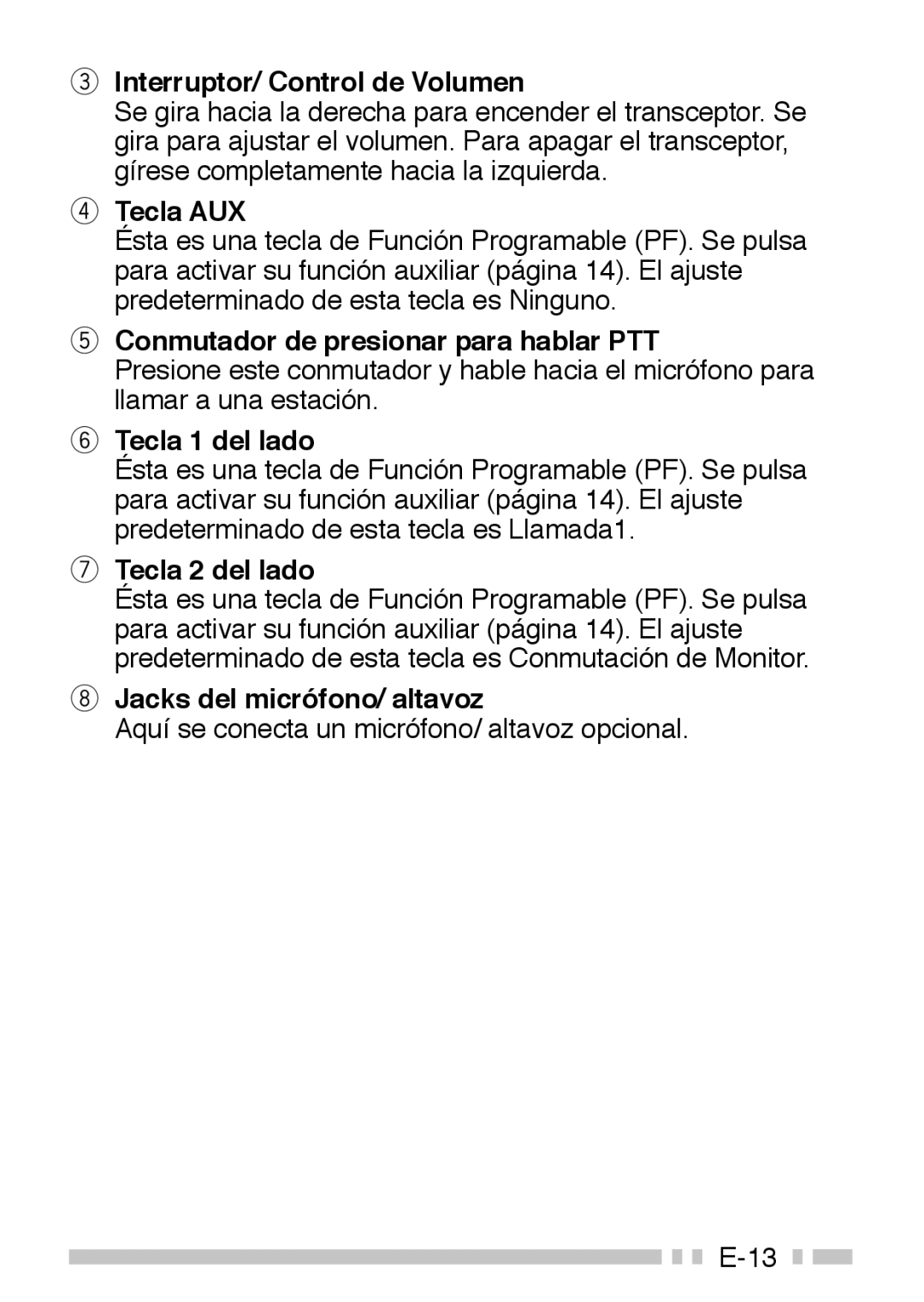 Kenwood TK-3160 Interruptor/ Control de Volumen, Tecla AUX, Conmutador de presionar para hablar PTT, Tecla 1 del lado 