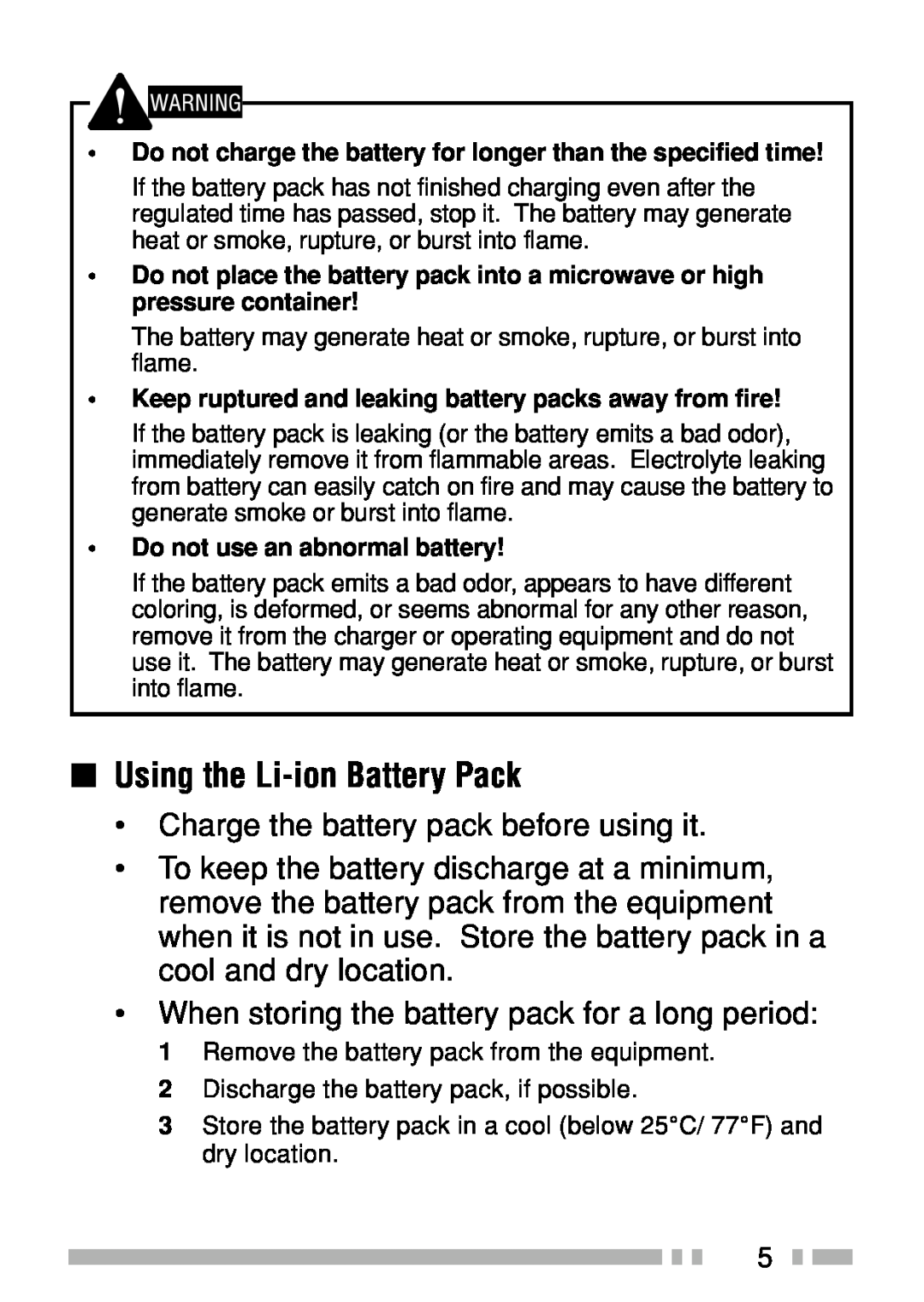 Kenwood TK-3160 Using the Li-ionBattery Pack, •Charge the battery pack before using it, •Do not use an abnormal battery 