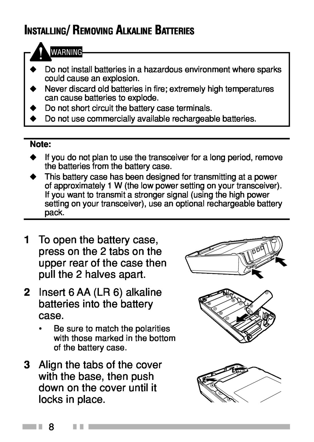 Kenwood TK-3160 instruction manual Installing/ Removing Alkaline Batteries 