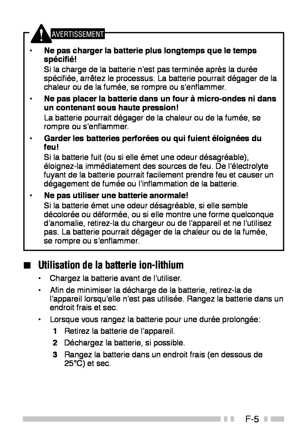 Kenwood TK-3160 instruction manual Utilisation de la batterie ion-lithium, •Ne pas utiliser une batterie anormale 