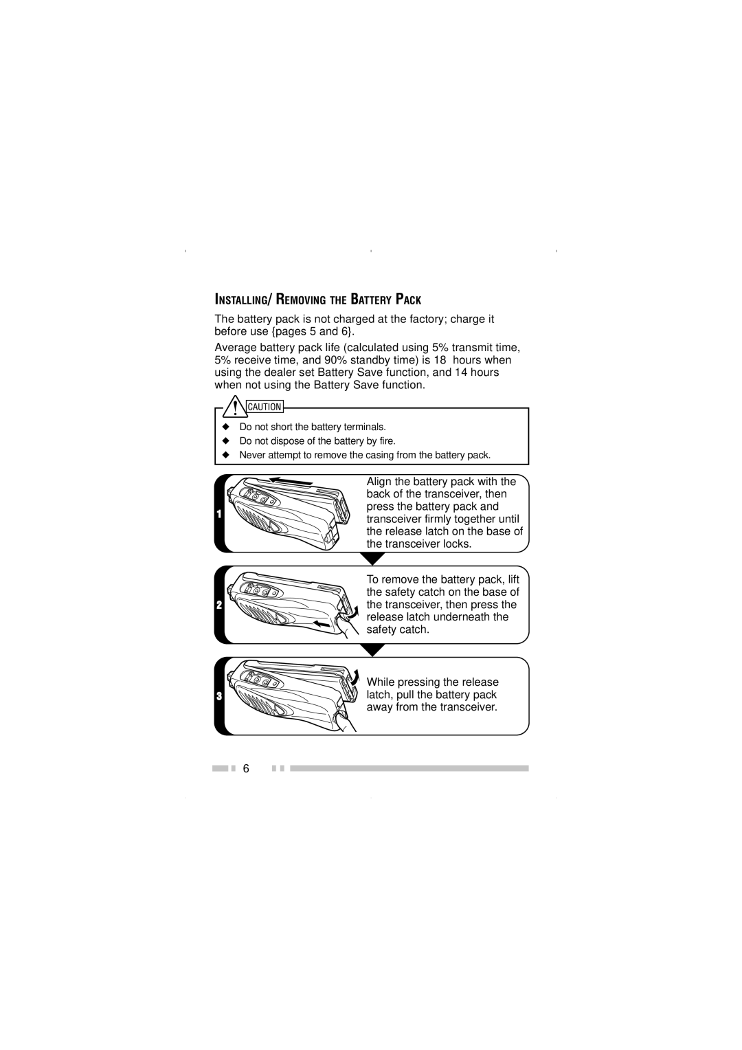 Kenwood TK-3200, TK-2200 instruction manual INSTALLING/ Removing the Battery Pack 