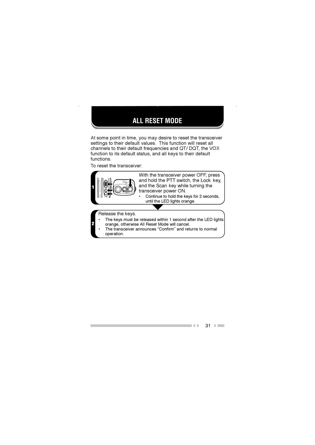 Kenwood TK-2200, TK-3200 instruction manual ALL Reset Mode, Scan key while turning, Transceiver power on, Release the keys 