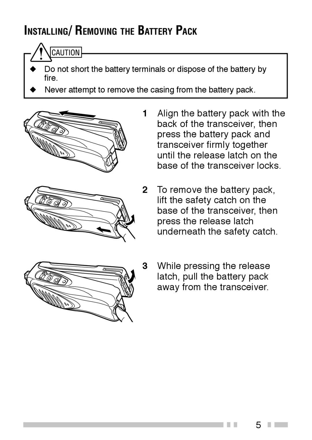 Kenwood TK-2202, TK-3202 instruction manual INSTALLING/ Removing the Battery Pack 