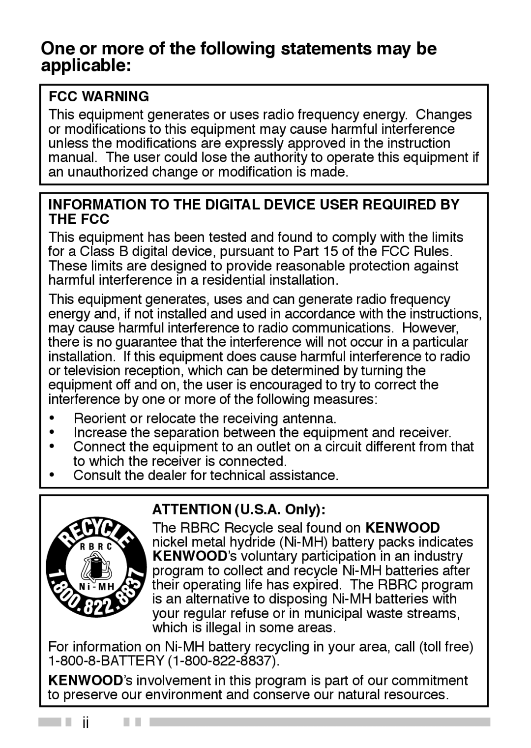 Kenwood TK-3202, TK-2202 instruction manual One or more of the following statements may be applicable 