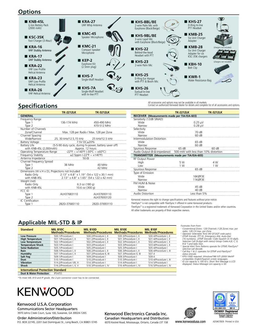 Kenwood TK-3212LK, TK-2212LK manual Options, Specifications 