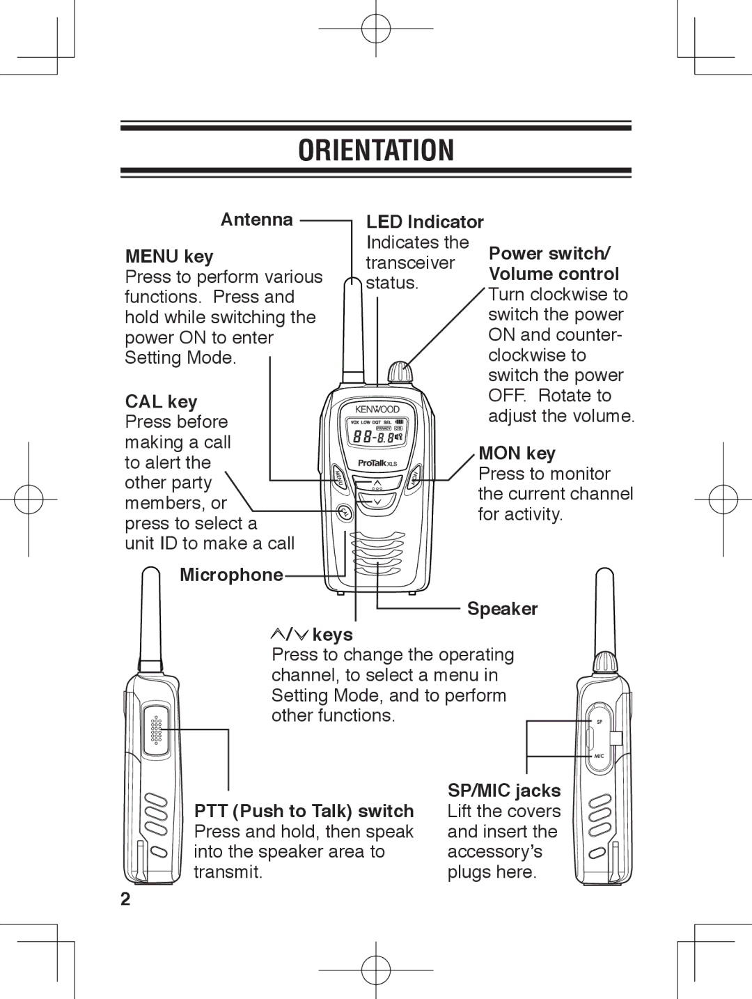 Kenwood TK-3230 Antenna LED Indicator Menu key, Power switch, Volume control, CAL key, MON key, Microphone Speaker Keys 