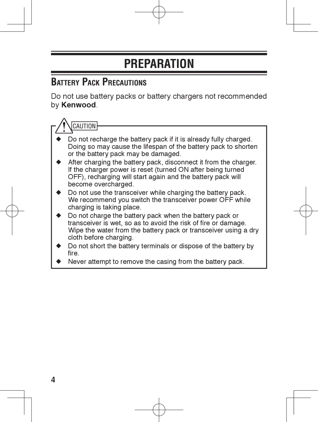 Kenwood TK-3230 instruction manual Preparation, Battery Pack Precautions 