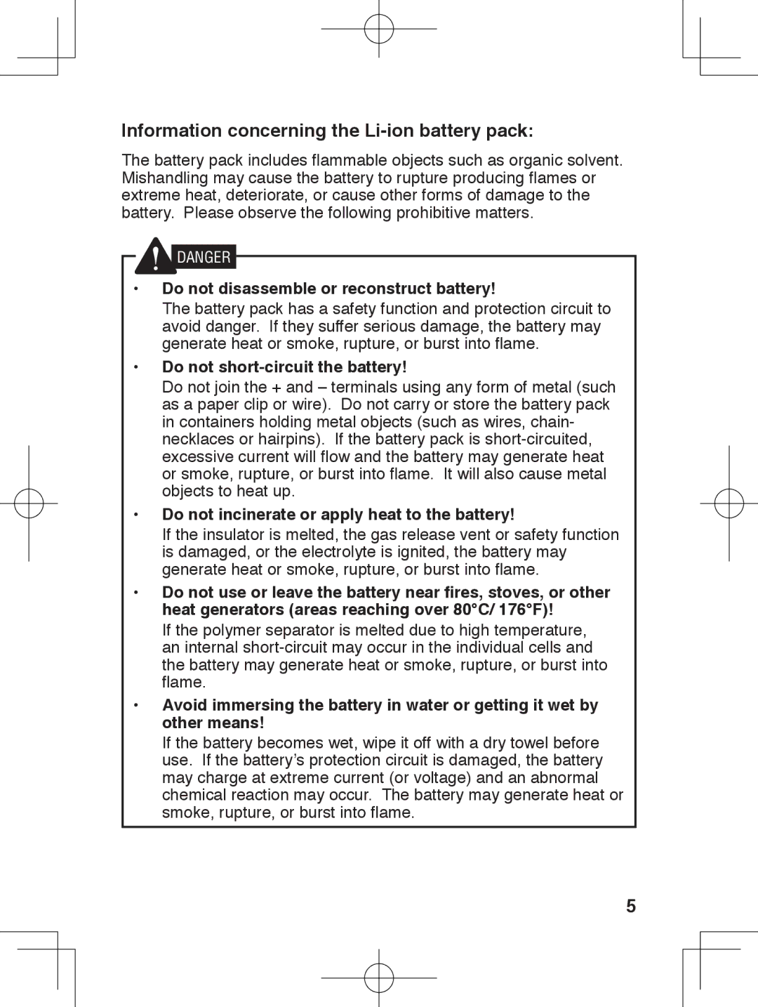 Kenwood TK-3230 Information concerning the Li-ion battery pack, Do not disassemble or reconstruct battery 