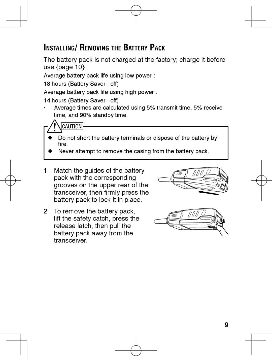 Kenwood TK-3230 instruction manual Installing/ Removing the Battery Pack 