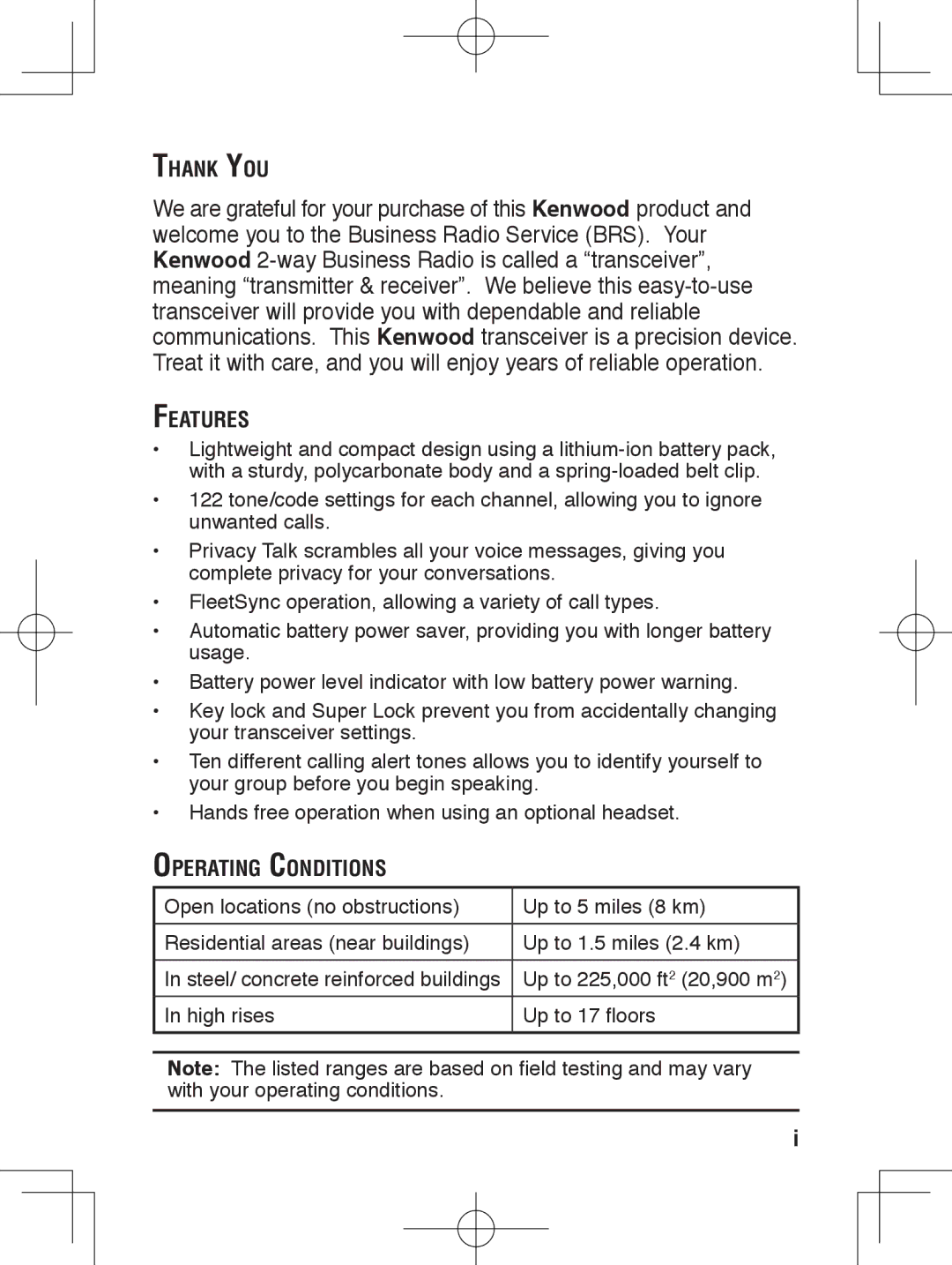 Kenwood TK-3230 instruction manual Thank You, Features, Operating Conditions 