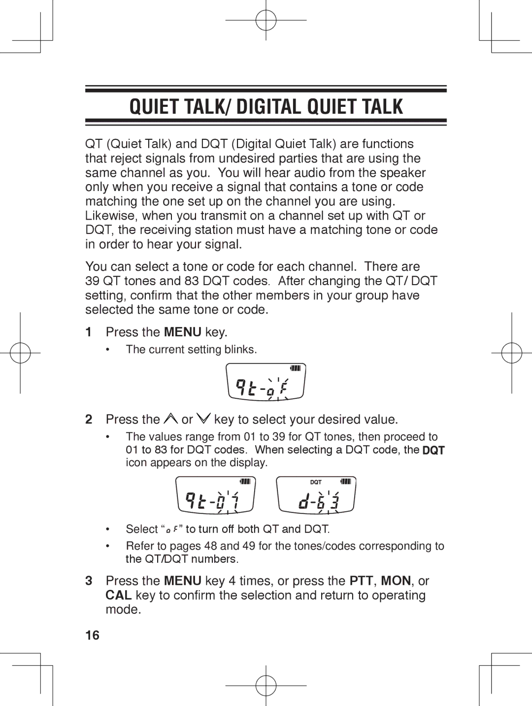 Kenwood TK-3230 instruction manual Quiet Talk/ Digital Quiet Talk, Press the or key to select your desired value 