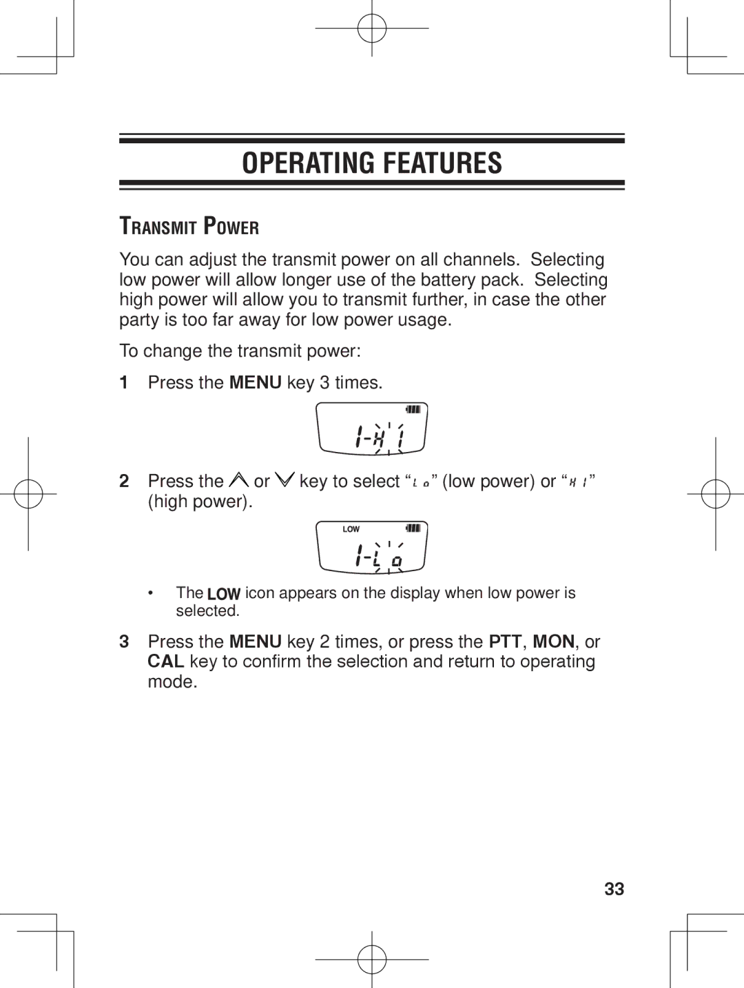 Kenwood TK-3230 instruction manual Operating features, Transmit Power 