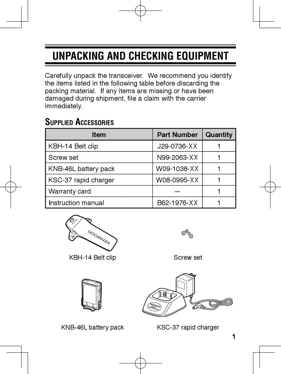 Kenwood TK-3230 instruction manual Unpacking and Checking Equipment, Item, Part Number, Quantity 