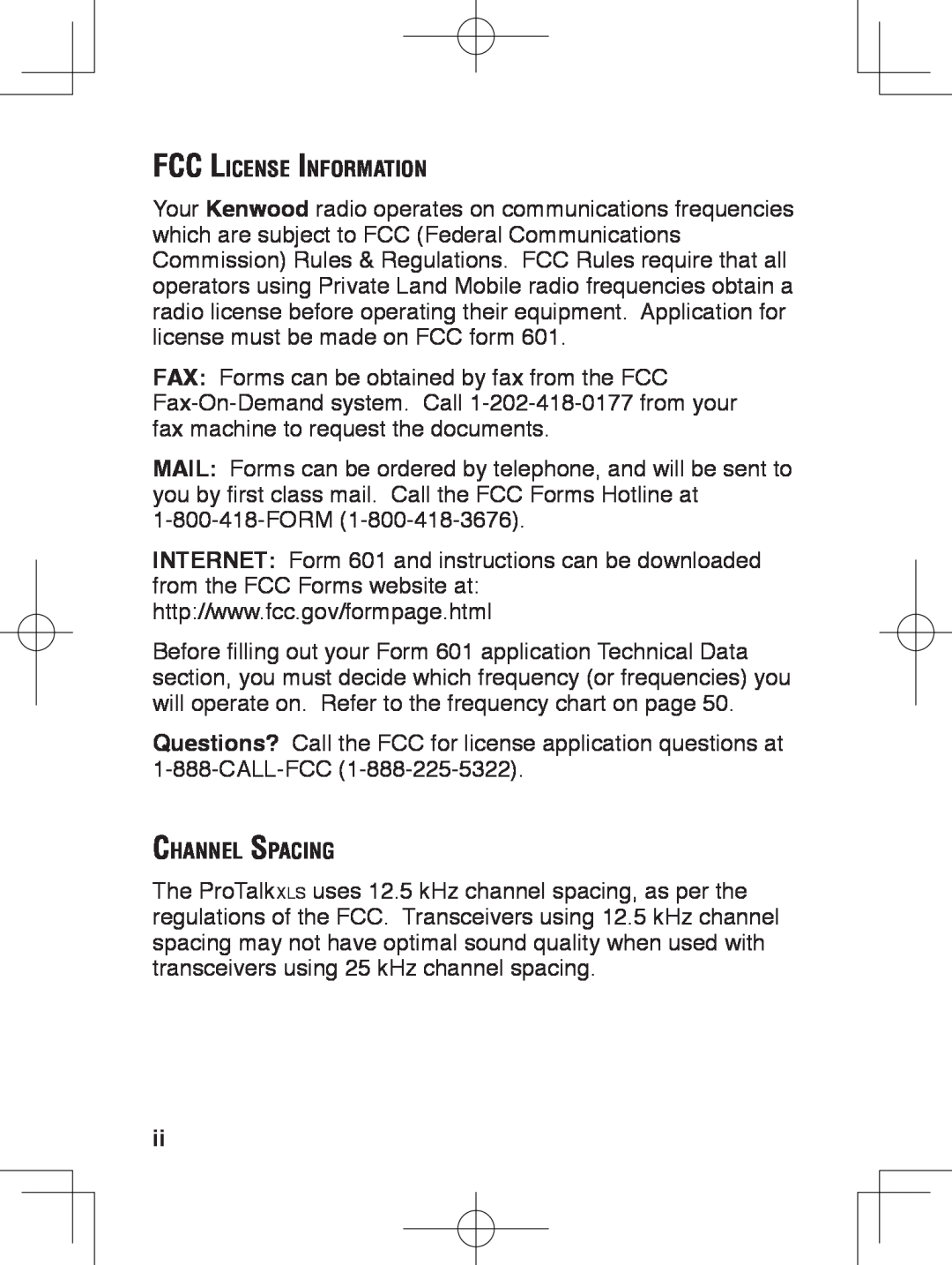 Kenwood TK-3230 instruction manual FCC License Information, Channel Spacing 