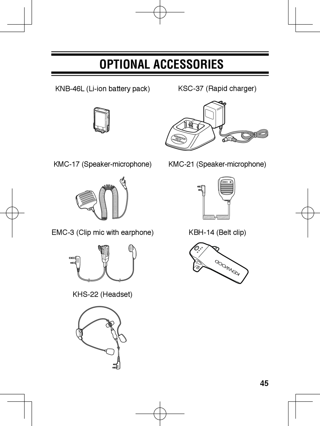 Kenwood TK-3230 Optional Accessories, KNB-46L Li-ionbattery pack, KMC-17 Speaker-microphone, KBH-14Belt clip 