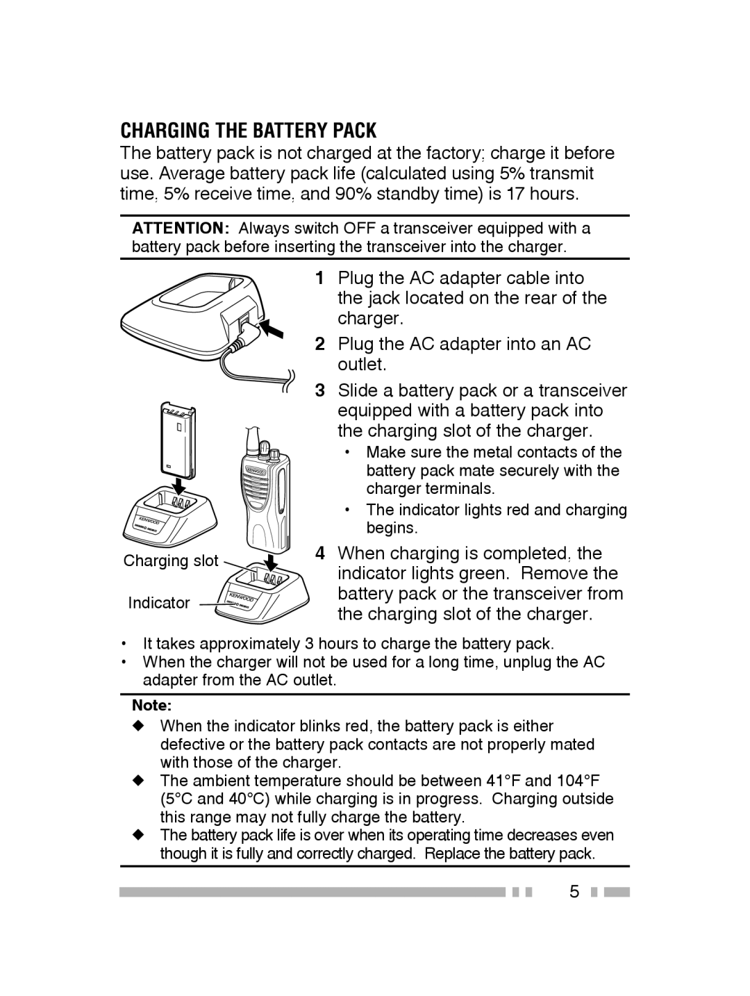 Kenwood TK-2300, TK-3300 instruction manual Charging the Battery Pack 