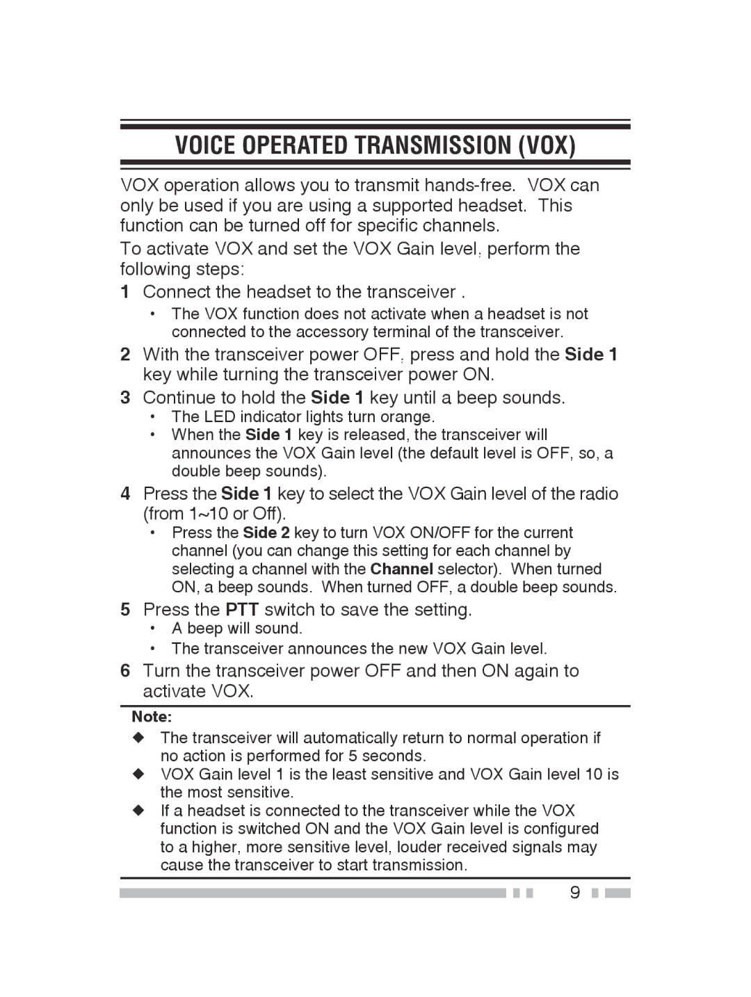 Kenwood TK-2300, TK-3300 instruction manual Voice Operated Transmission VOX, Press the PTT switch to save the setting 