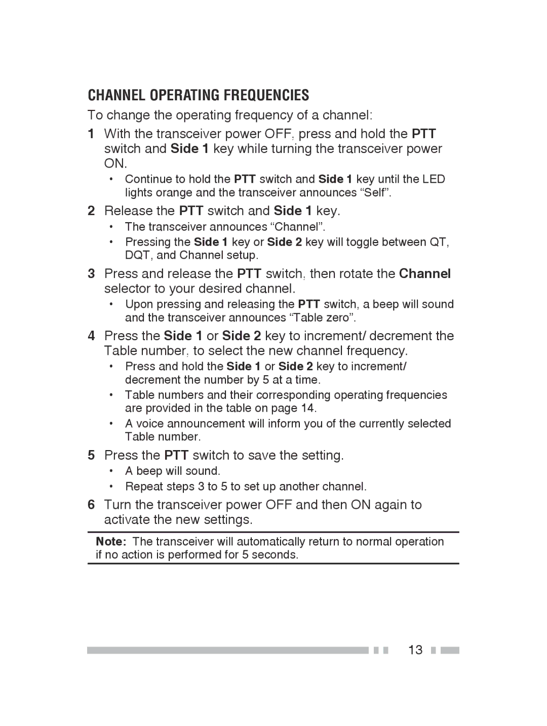 Kenwood TK-2300, TK-3300 instruction manual Channel Operating Frequencies, Release the PTT switch and Side 1 key 