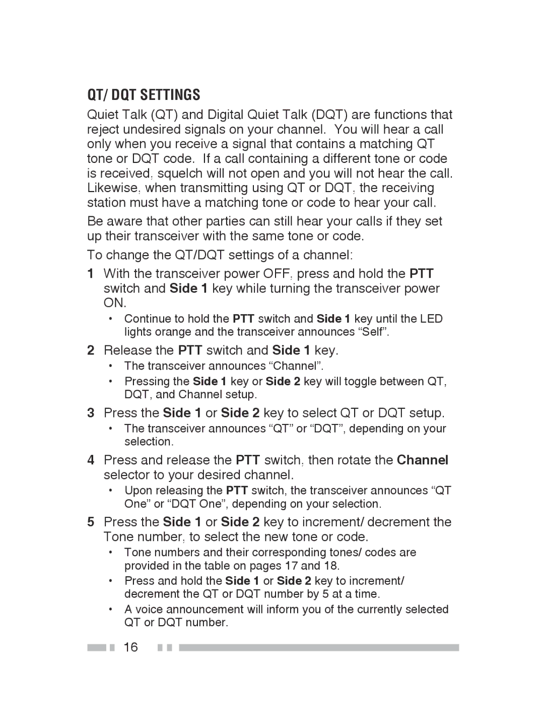 Kenwood TK-3300, TK-2300 instruction manual QT/ DQT Settings, Press the Side 1 or Side 2 key to select QT or DQT setup 