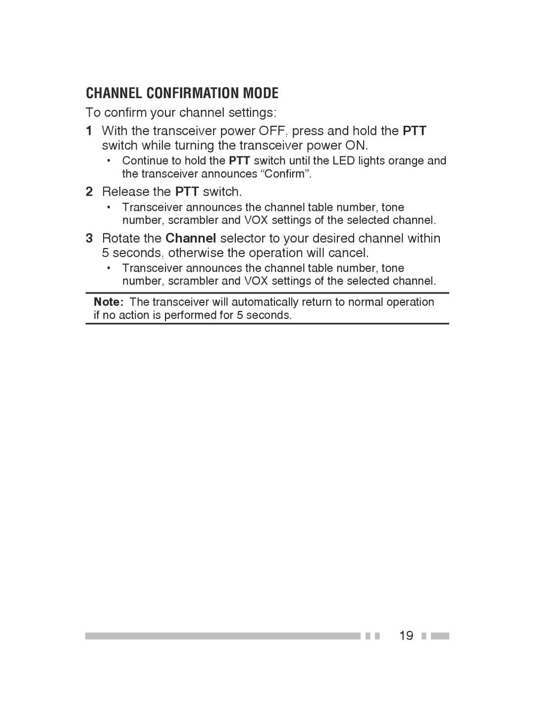 Kenwood TK-2300, TK-3300 instruction manual Channel Confirmation Mode, Release the PTT switch 