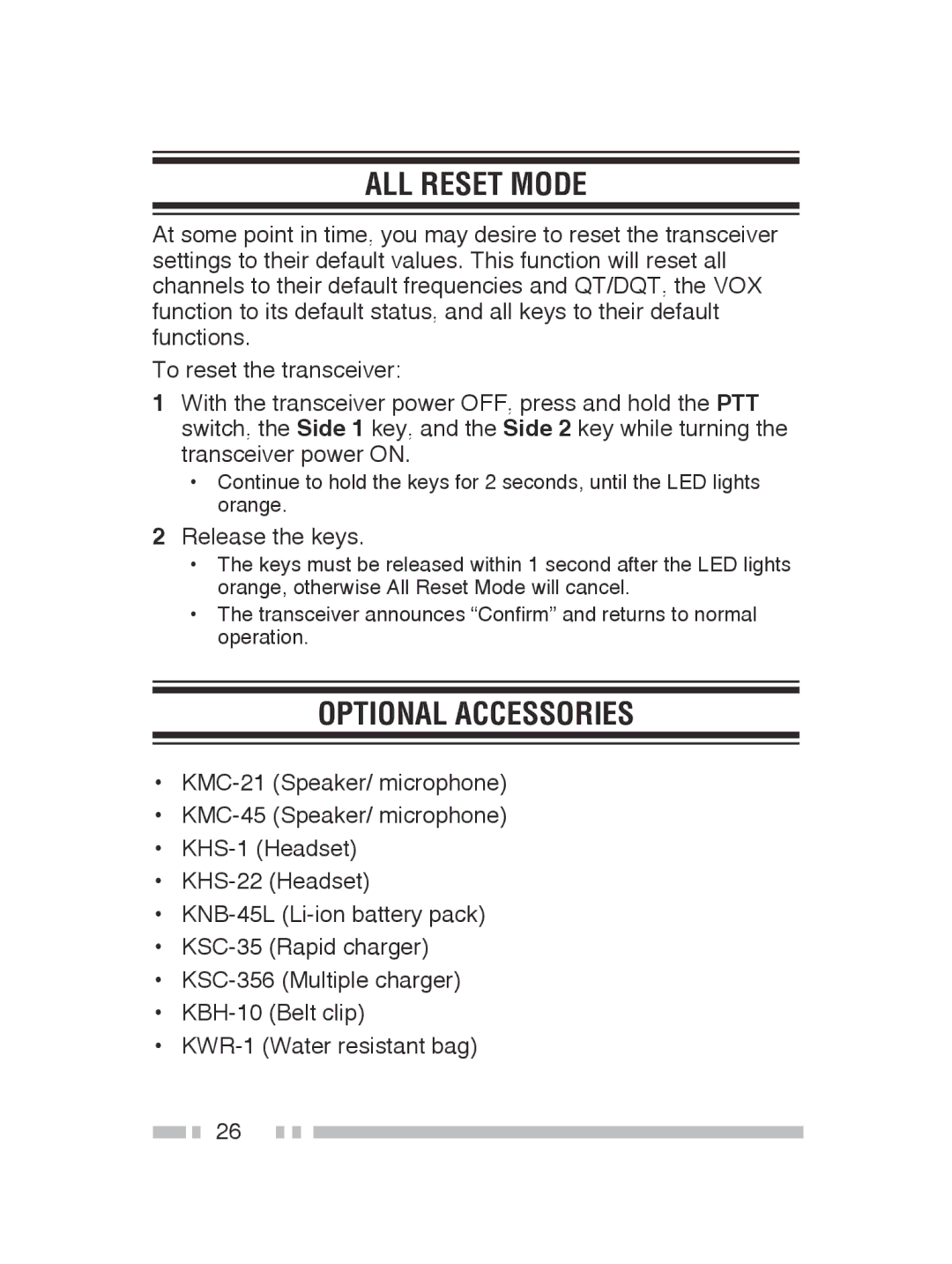 Kenwood TK-3300, TK-2300 instruction manual ALL Reset Mode, Optional Accessories, Release the keys 