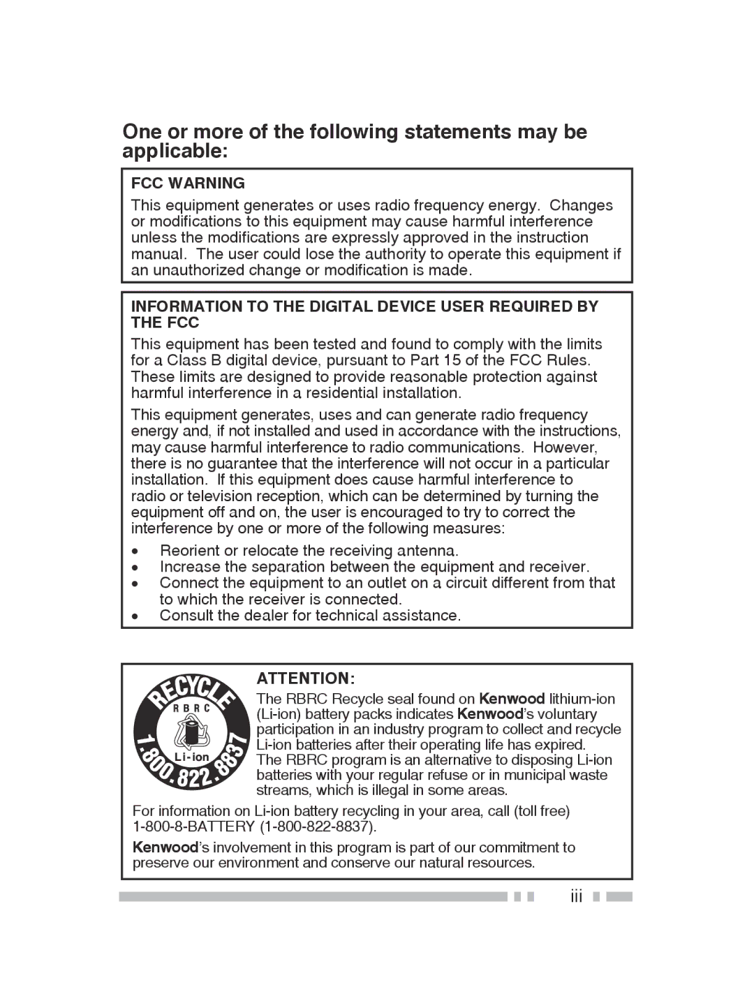 Kenwood TK-2300, TK-3300 instruction manual One or more of the following statements may be applicable, Iii 