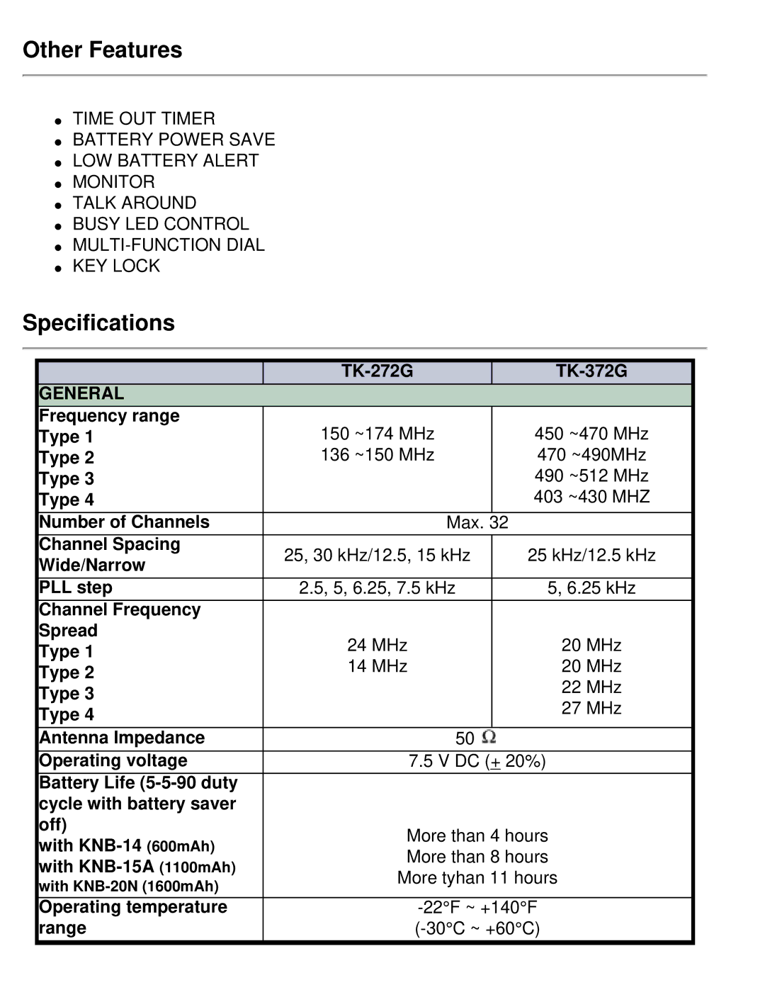 Kenwood TK-372G specifications Other Features, Specifications, General Frequency range Type, Operating temperature, Range 