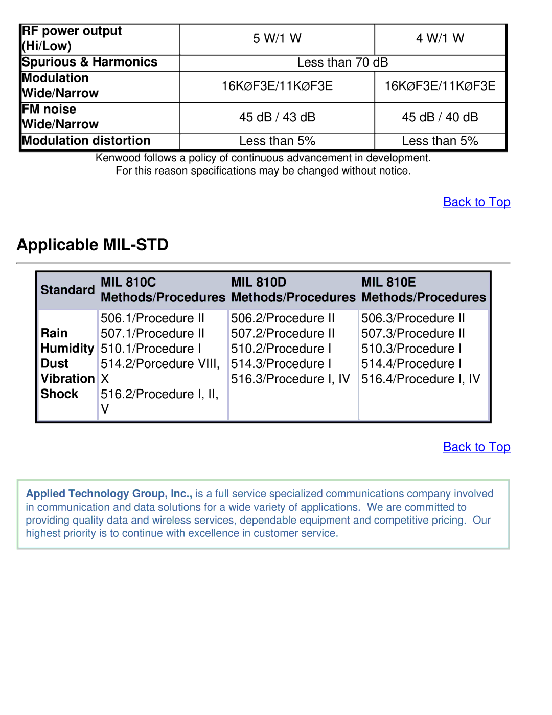 Kenwood TK-372G specifications Applicable MIL-STD 