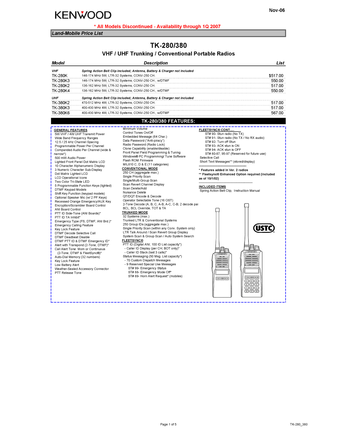 Kenwood TK-380 instruction manual VHF / UHF Trunking / Conventional Portable Radios, TK-280/380 Features 