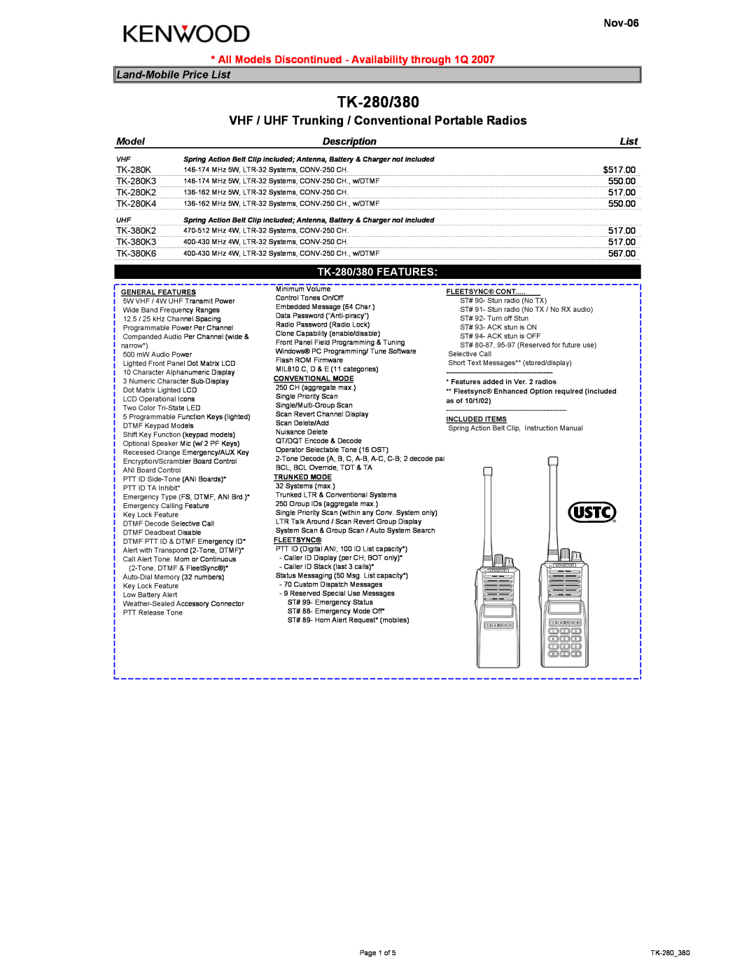 Kenwood instruction manual VHF / UHF Trunking / Conventional Portable Radios, Nov-06, TK-280/380 FEATURES, Model, List 
