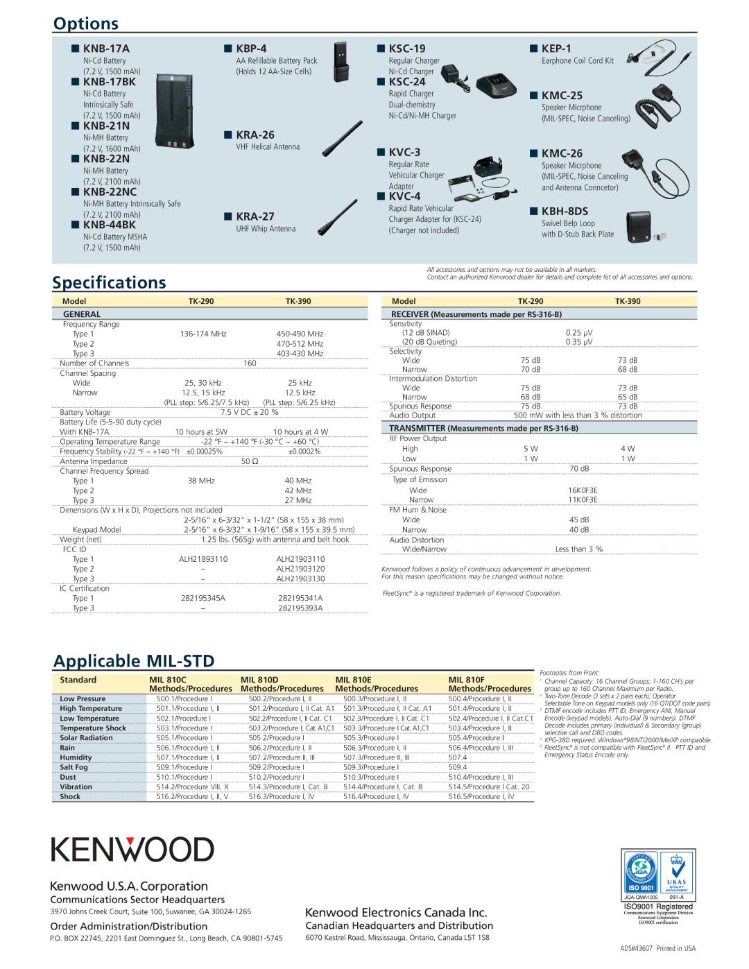 Kenwood TK-390 manual Options, Specifications, Applicable MIL-STD 