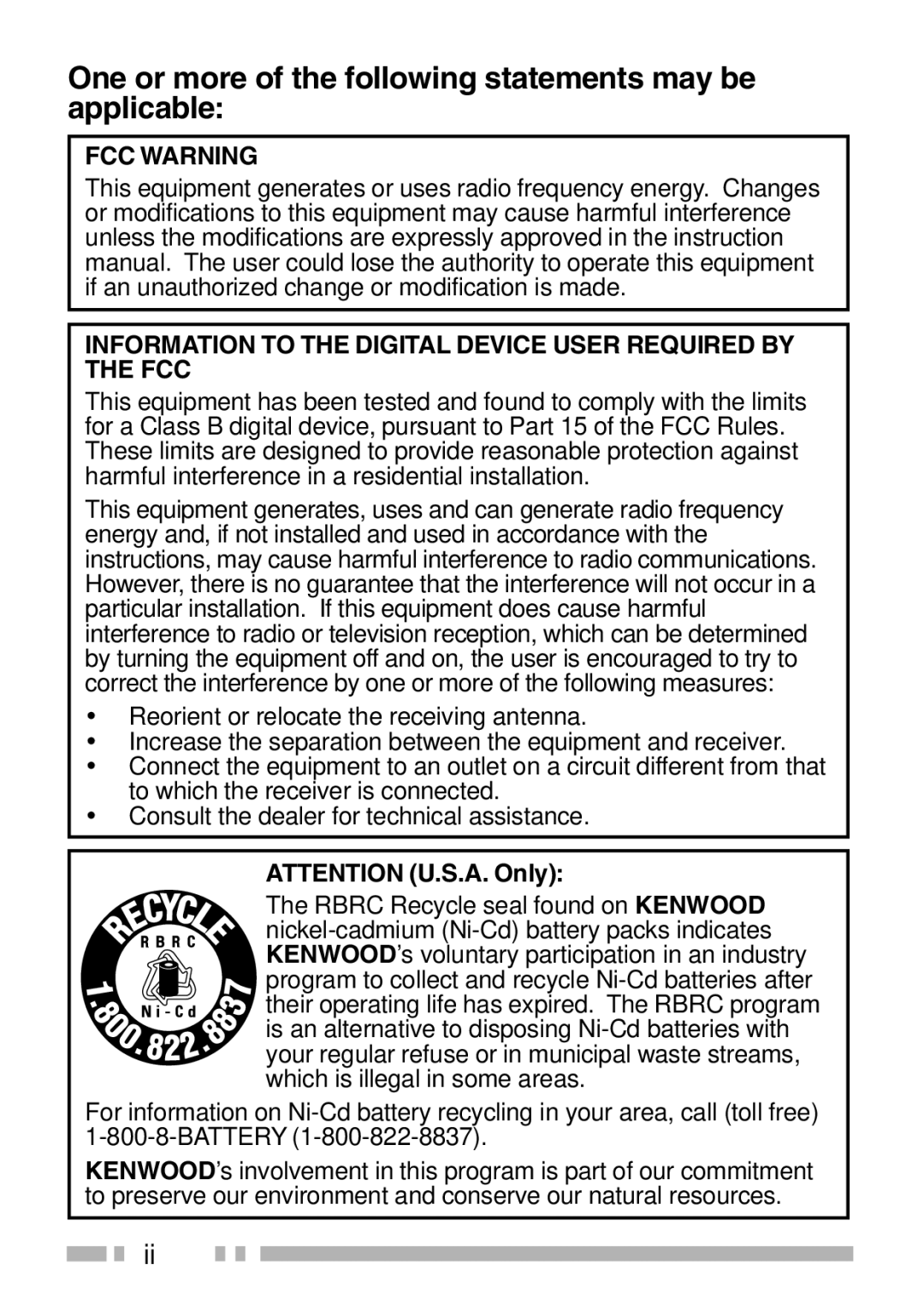 Kenwood TK-5210 instruction manual One or more of the following statements may be applicable 