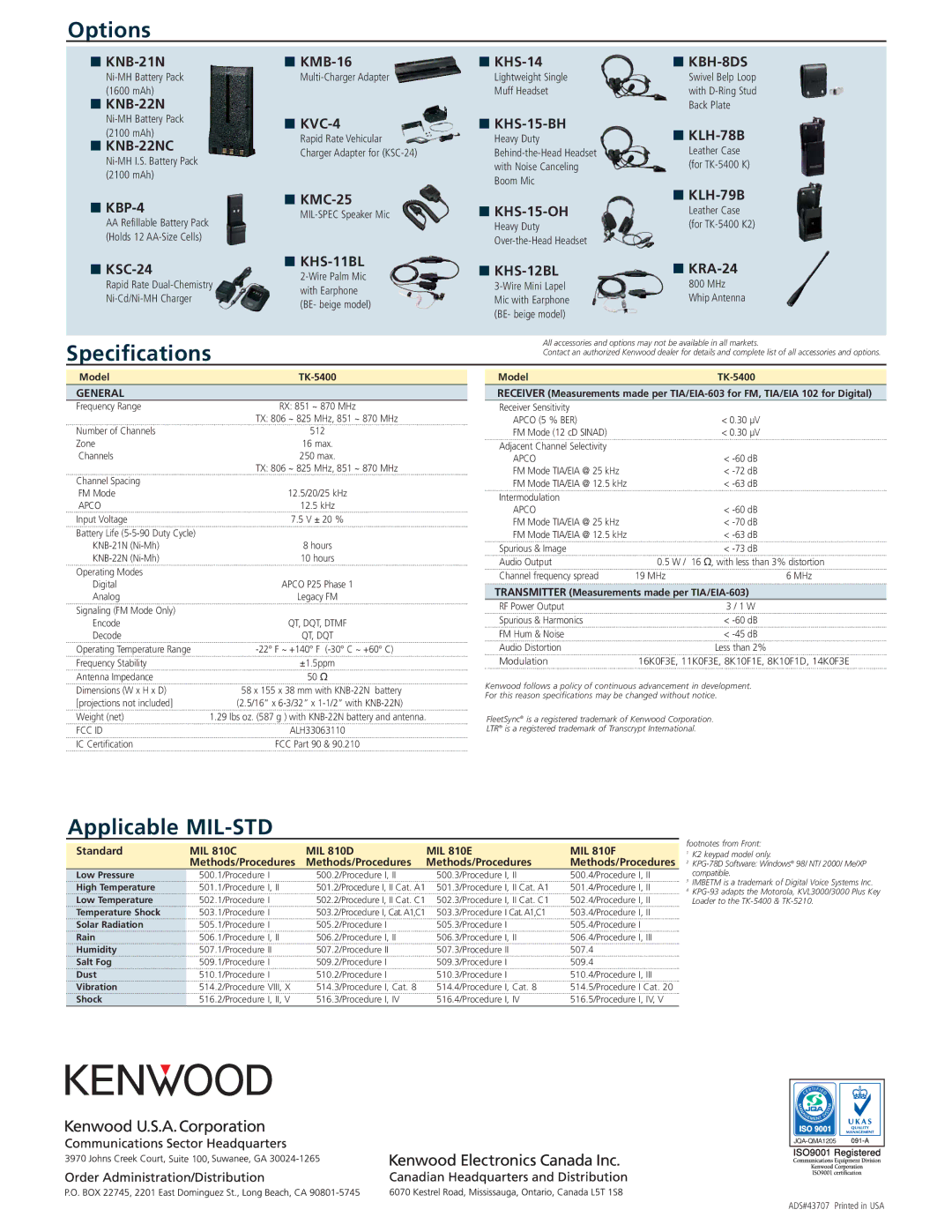 Kenwood TK-5400 manual Options, Specifications, Applicable MIL-STD 