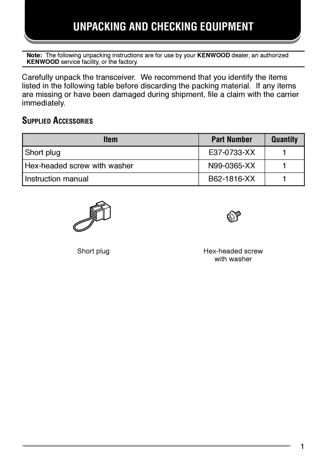 Kenwood TK-5710H instruction manual Unpacking and Checking Equipment, Part Number Quantity 