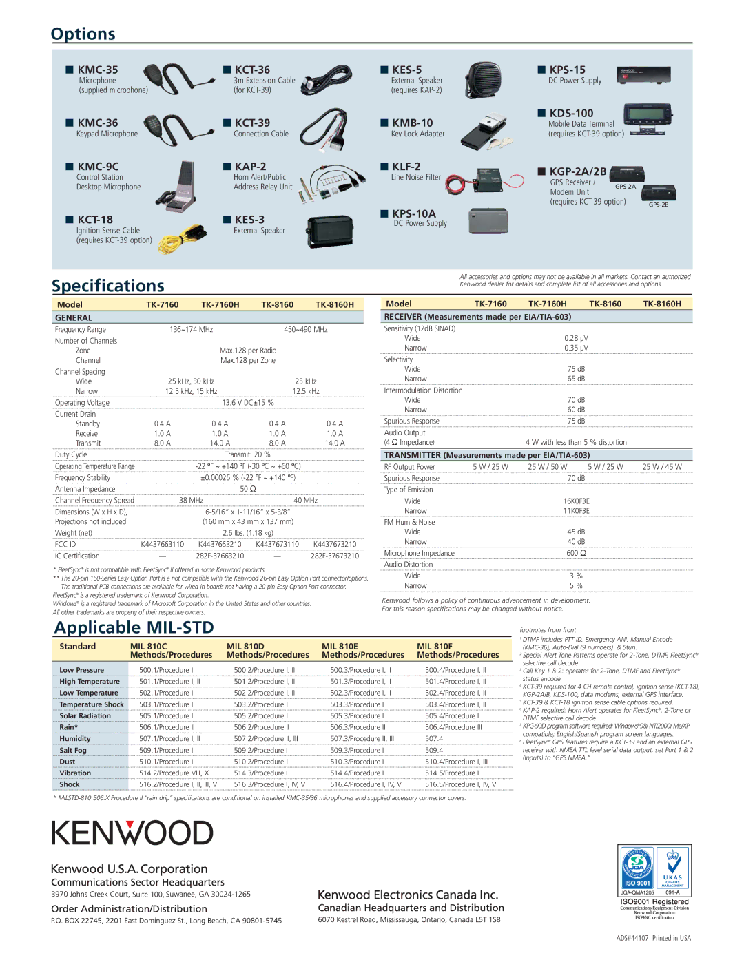 Kenwood TK-8160H, TK-7160H manual Options, Specifications, Applicable MIL-STD 