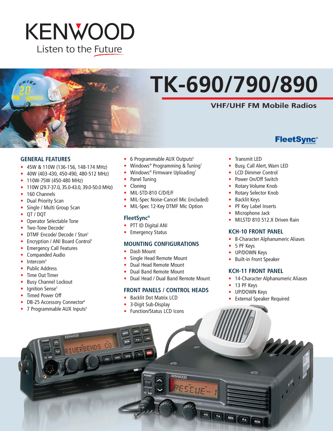 Kenwood TK-890, TK-790, TK-690 manual General Features, Mounting Configurations, KCH-10 Front Panel, KCH-11 Front Panel 