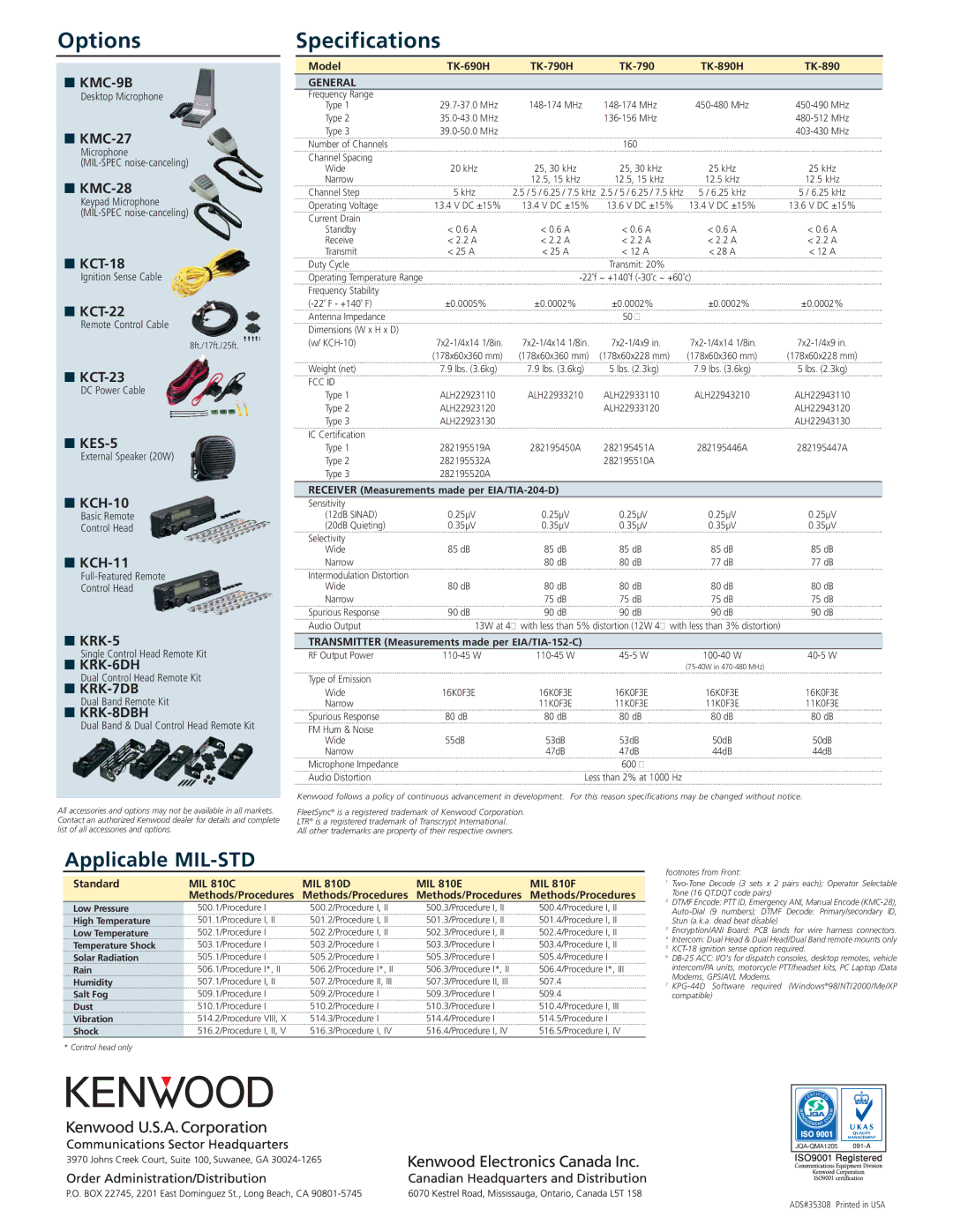 Kenwood manual Options, Specifications, Model TK-690H TK-790H TK-890H, Receiver Measurements made per EIA/TIA-204-D 