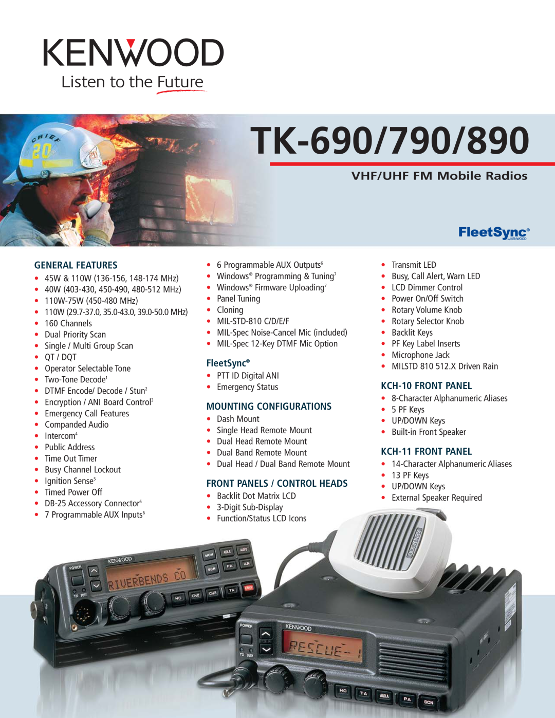 Kenwood TK-890 manual TK-690/790/890, VHF/UHF FM Mobile Radios, General Features, FleetSync, Mounting Configurations 