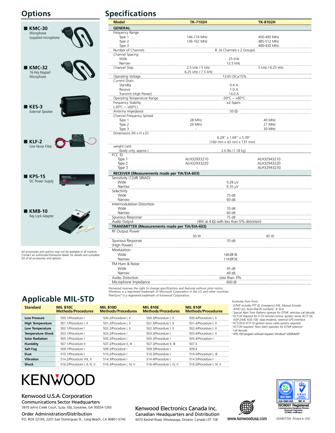 Kenwood OptionsSpecifications, Applicable MIL-STD, Model TK-7102H TK-8102H, Receiver Measurements made per TIA/EIA-603 