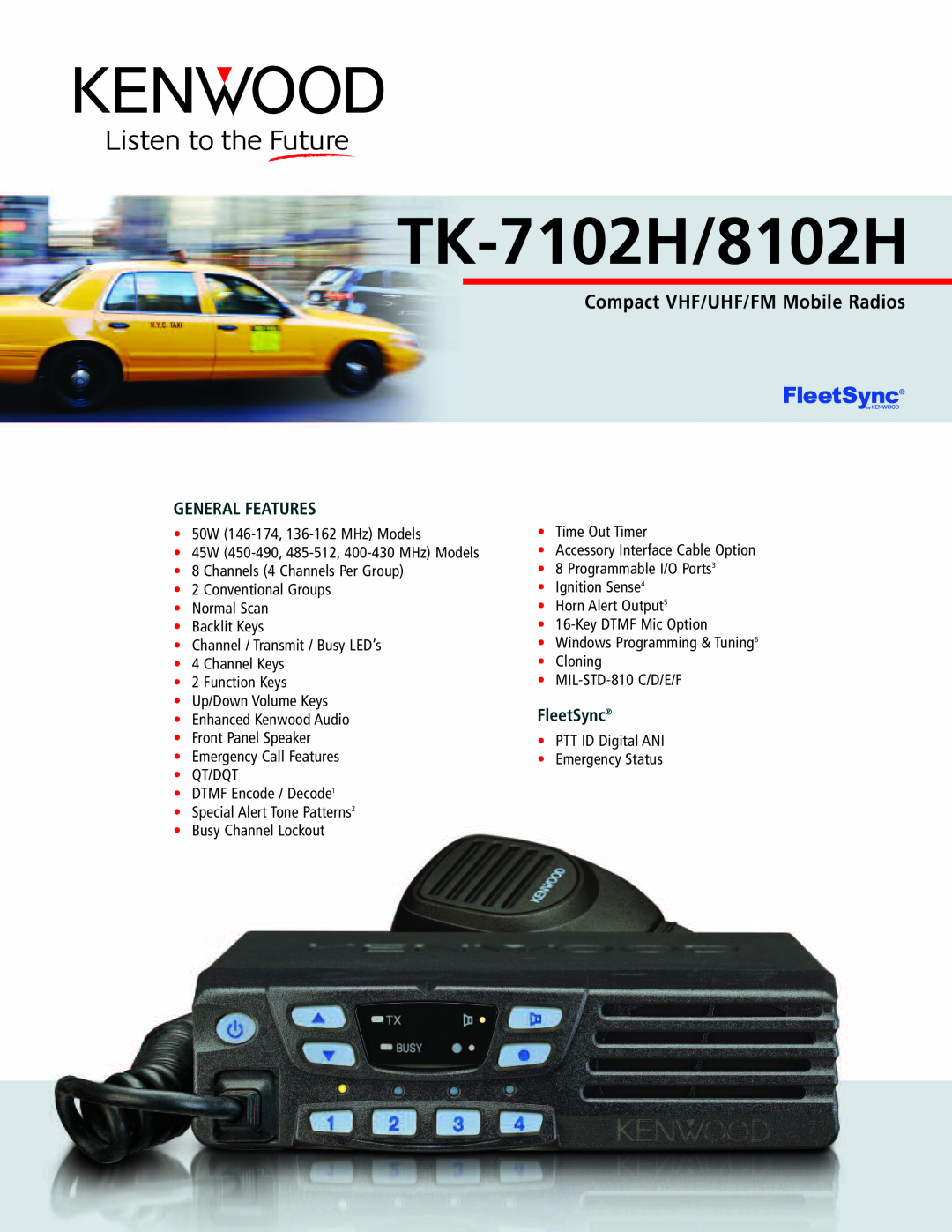 Kenwood TK-8102H manual TK-7102H/8102H, Compact VHF/UHF/FM Mobile Radios, General Features, FleetSync 
