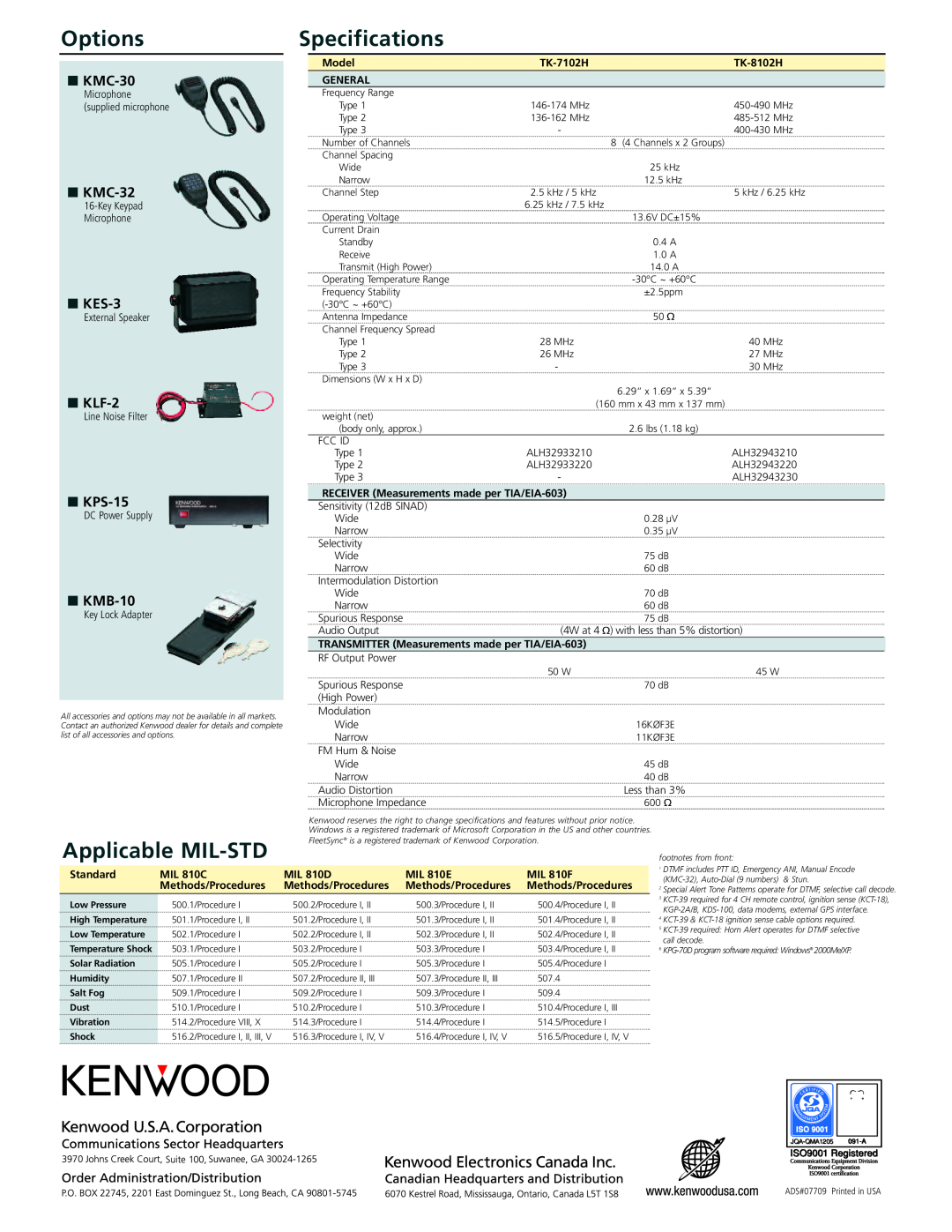 Kenwood TK-8102H manual OptionsSpecifications, Applicable MIL-STD, KMC-30, KMC-32, KES-3, KLF-2, KPS-15, KMB-10 