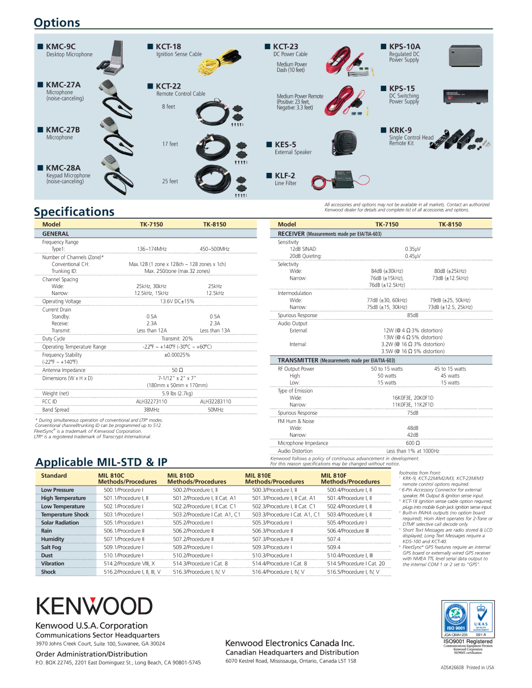 Kenwood Model TK-7150 TK-8150, Receiver Measurements made per EIA/TIA-603, High Temperature, Low Temperature, Rain 