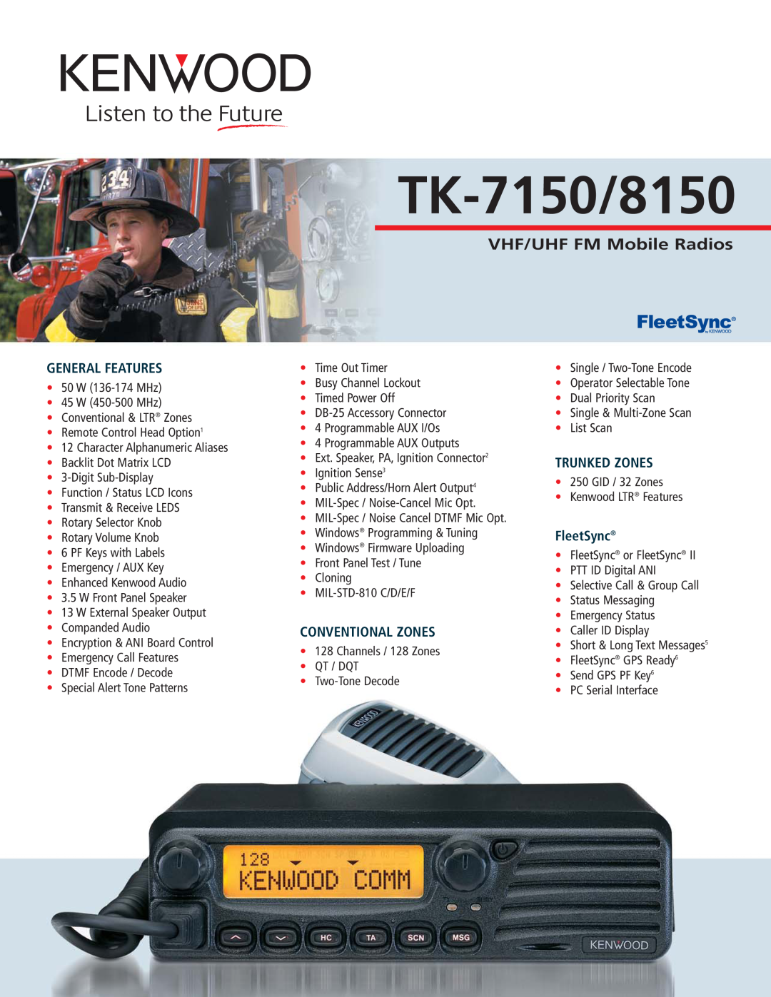 Kenwood manual TK-7150/8150, VHF/UHF FM Mobile Radios, General Features, Conventional Zones, Trunked Zones, FleetSync 