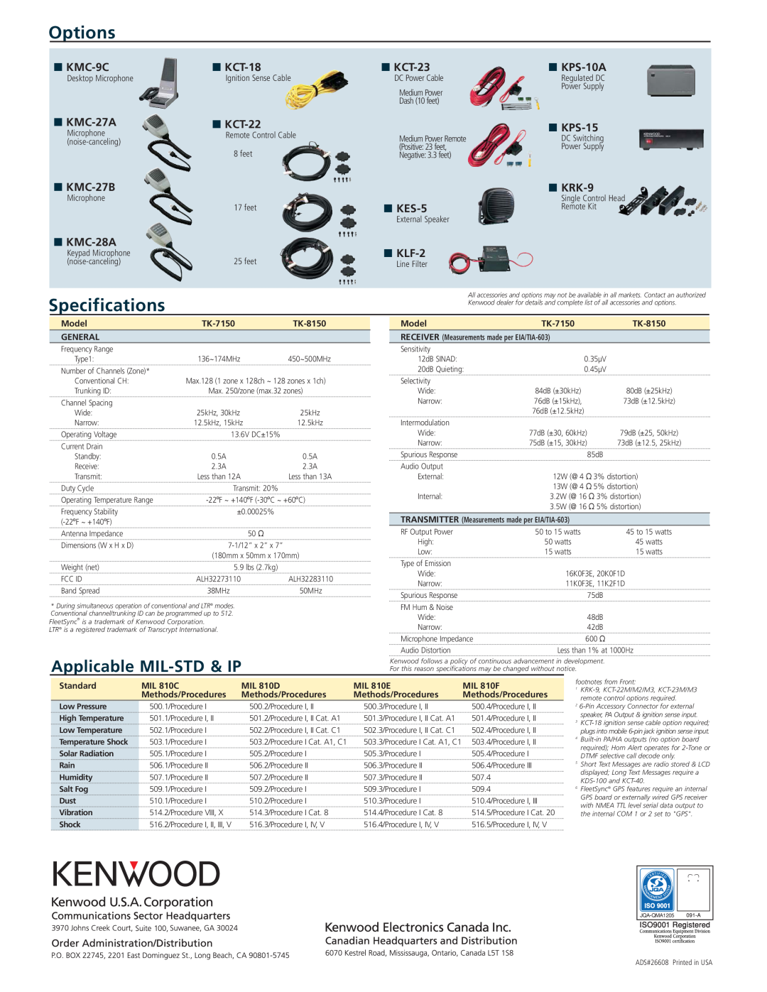 Kenwood TK-8150 Options, Specifications, Applicable MIL-STD & IP, KMC-9C, KCT-18, KMC-27A, KCT-22, KMC-27B, KMC-28A, KES-5 